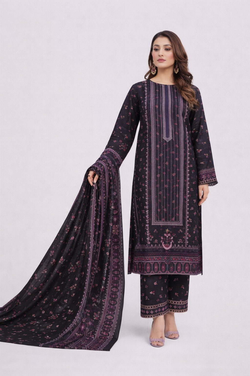 Edenrobe Allure Summer 3PC BlackPurple Printed Lawn