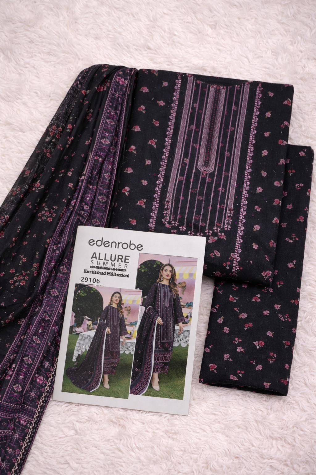 Edenrobe Allure Summer 3PC BlackPurple Printed Lawn