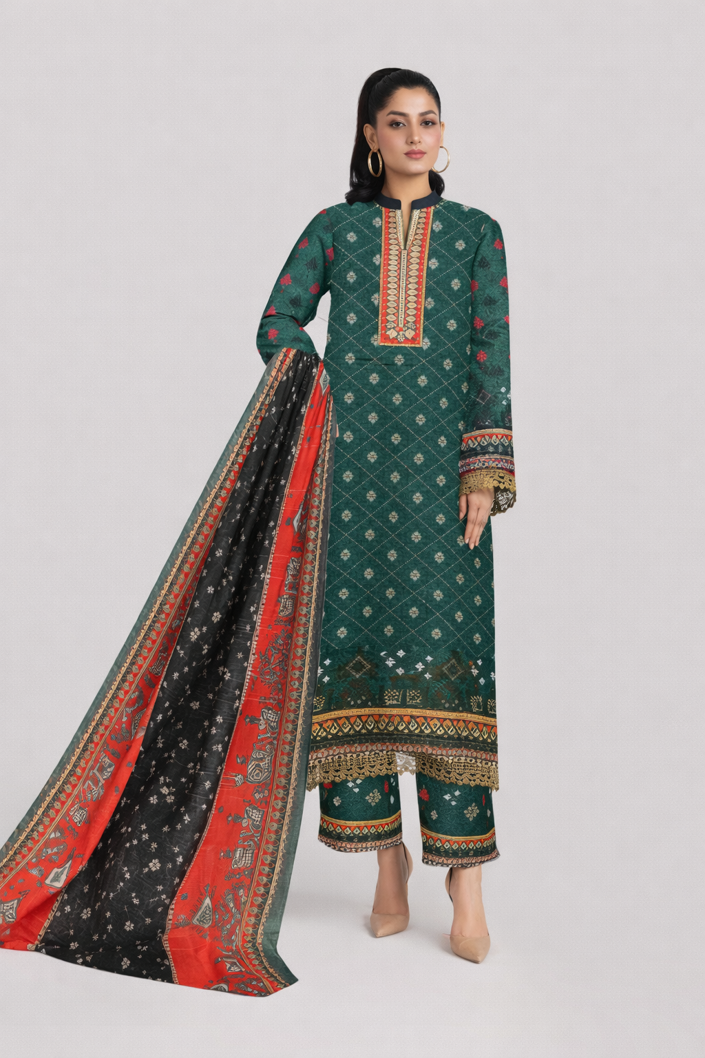 Edenrobe Allure Summer 3PC Green Printed Lawn Suit