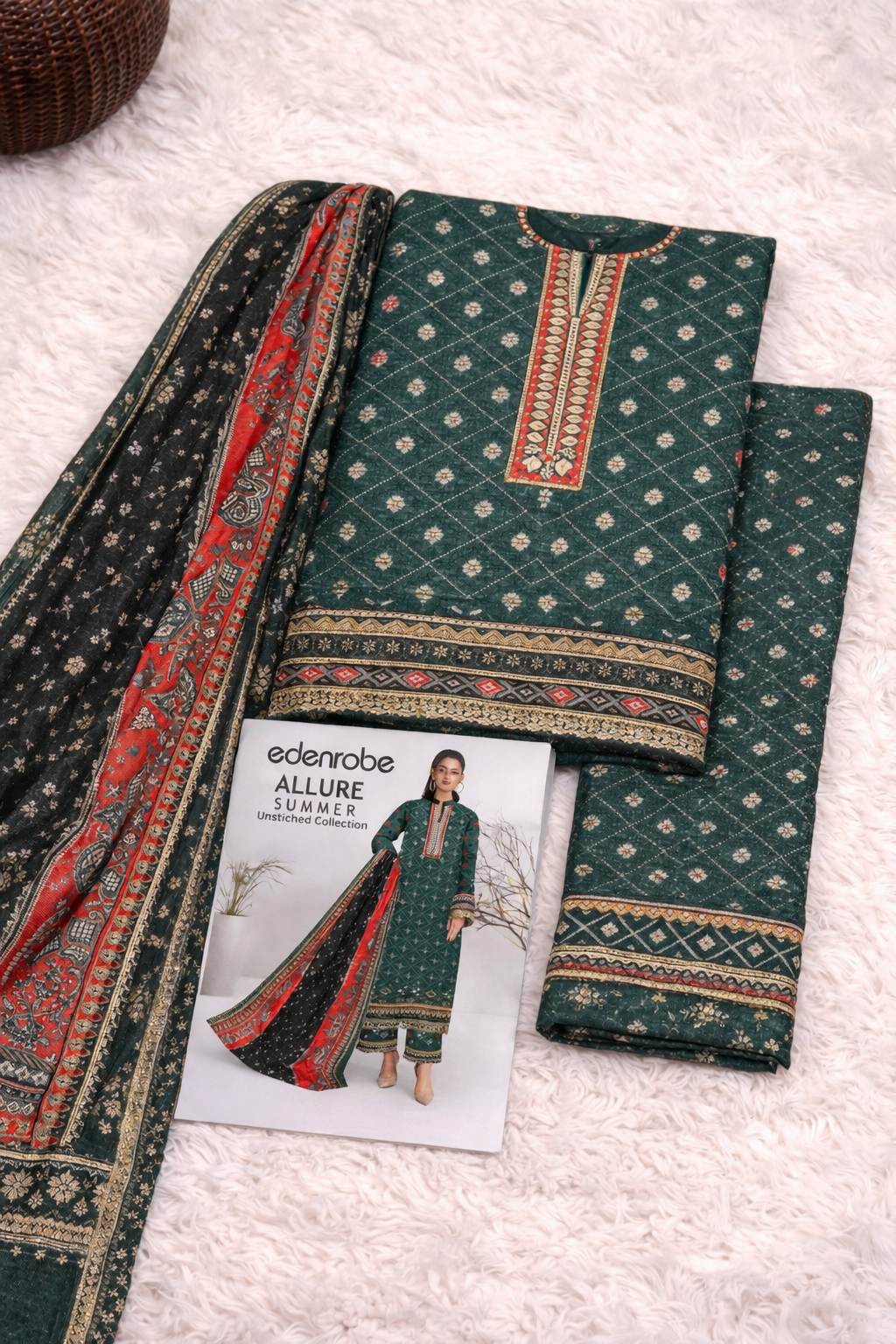 Edenrobe Allure Summer 3PC Green Printed Lawn Suit