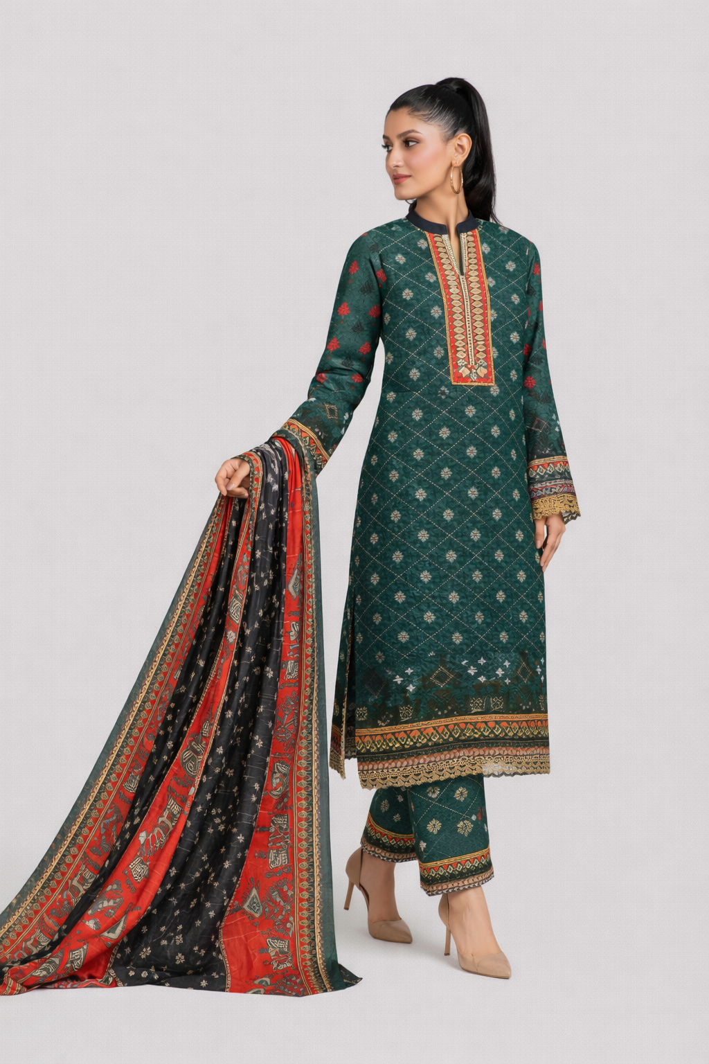 Edenrobe Allure Summer 3PC Green Printed Lawn Suit