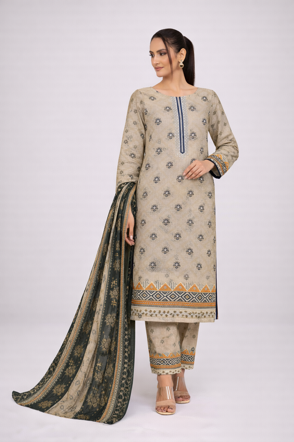 Edenrobe Allure Summer 3PCS Lawn Suit – Beige Print