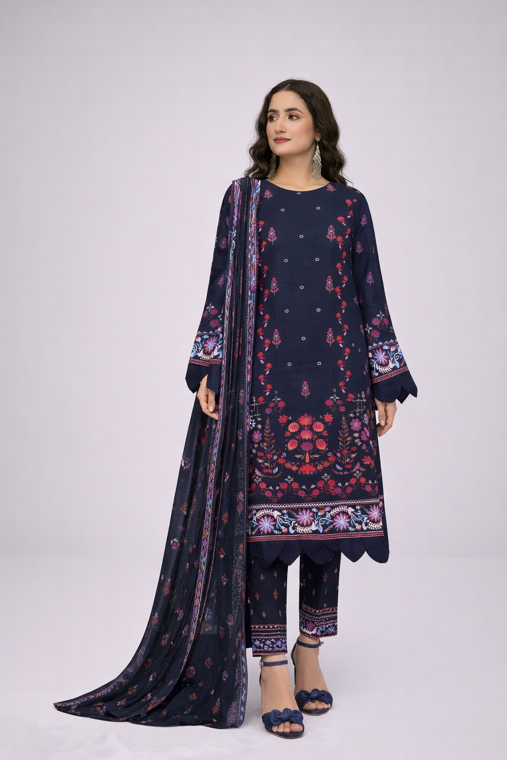 Edenrobe Allure Summer 3PCS Lawn Suit – Navy Blue Print