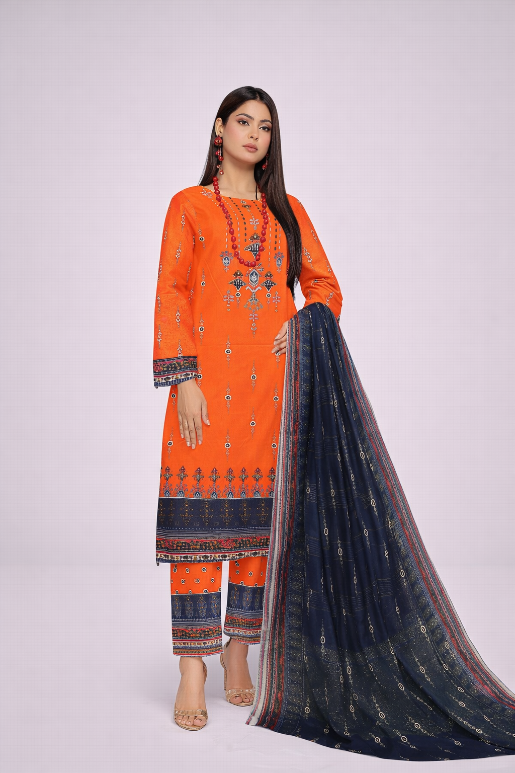Edenrobe Allure Summer 3PCS Lawn Suit – Orange Print
