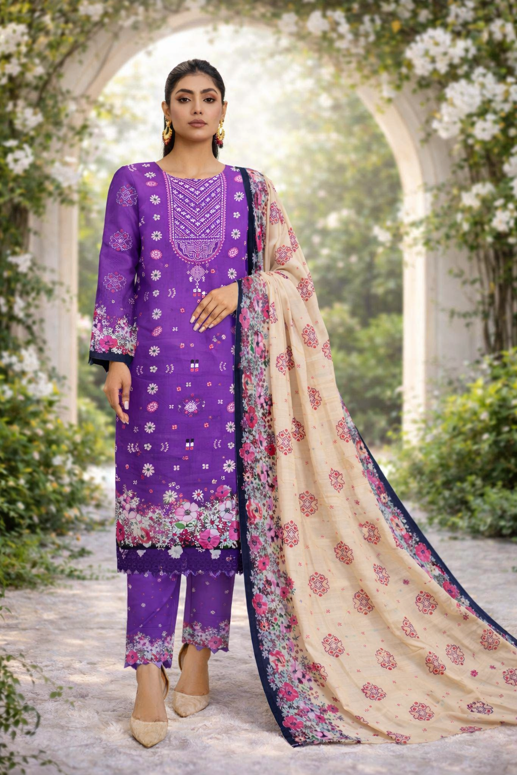 Edenrobe Allure Summer 3PCS Lawn Suit – Purple Print