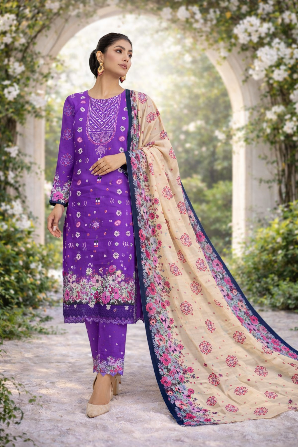 Edenrobe Allure Summer 3PCS Lawn Suit – Purple Print