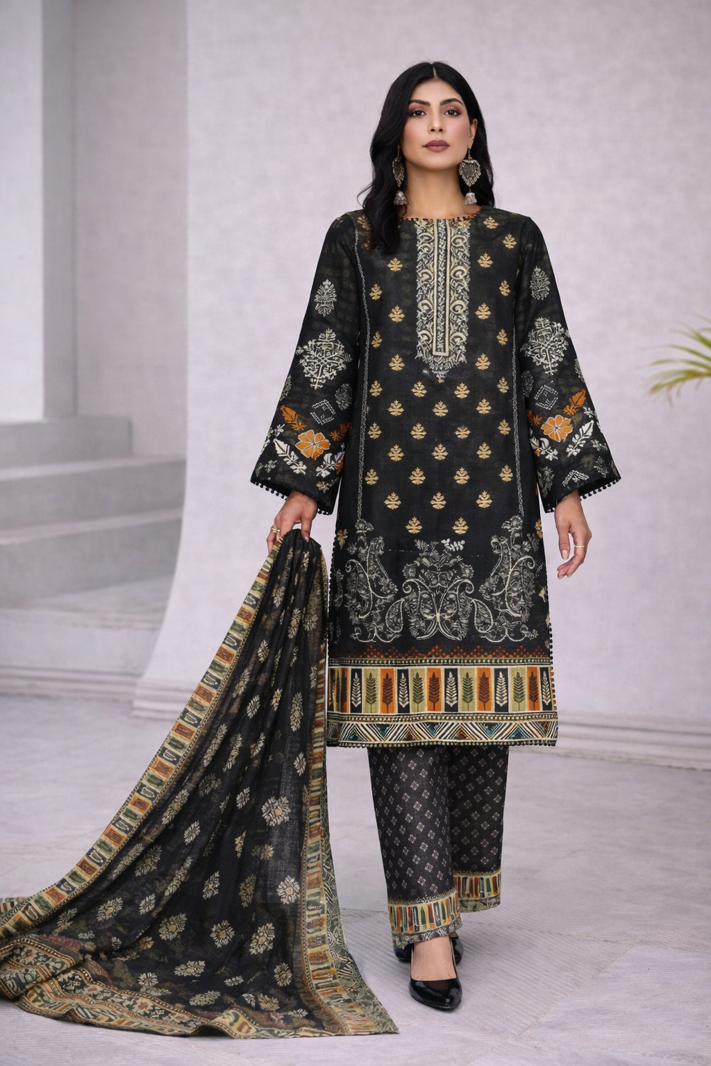 Edenrobe Allure Summer 3PC Suit – Black Zari Duppata
