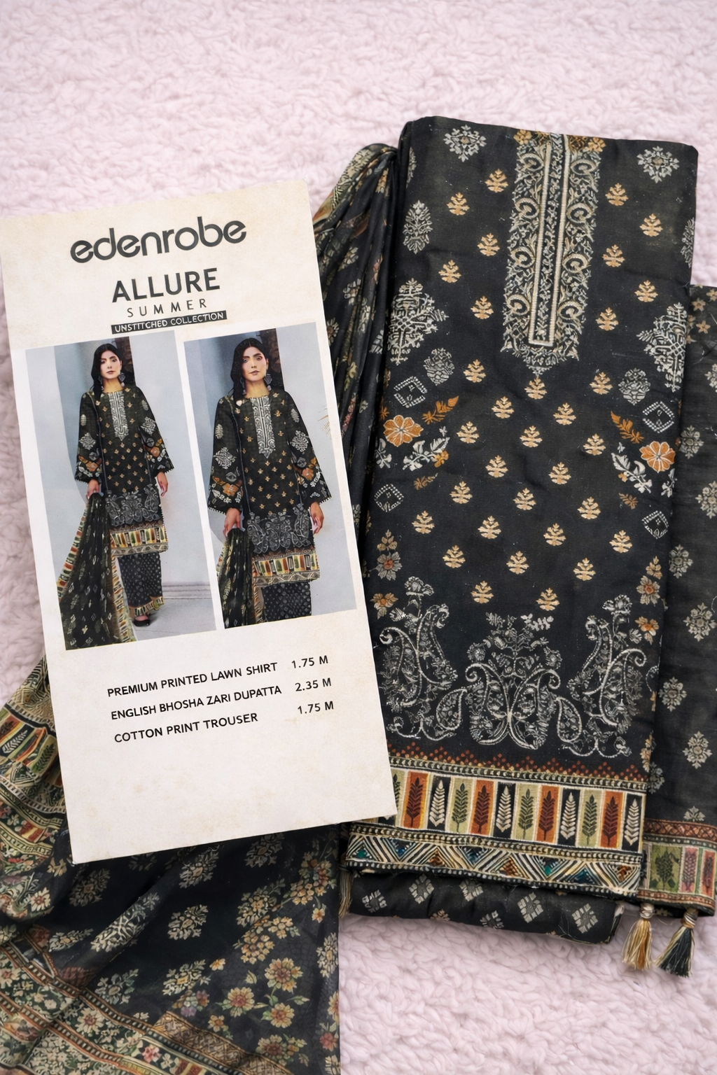 Edenrobe Allure Summer 3PC Suit – Black Zari Duppata
