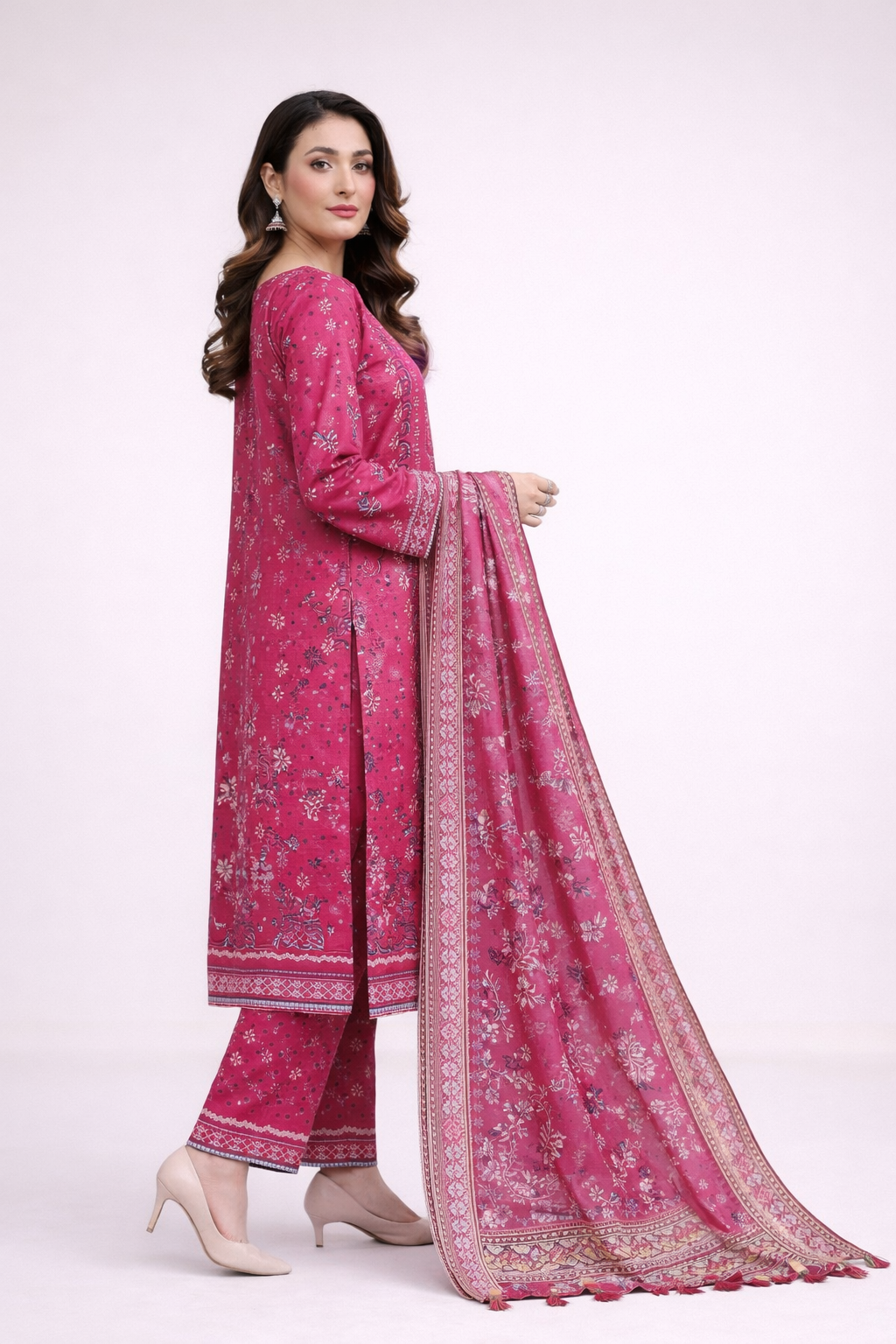 Edenrobe Allure Summer 3PC Unstitched Lawn Suit  (Pink Printed)