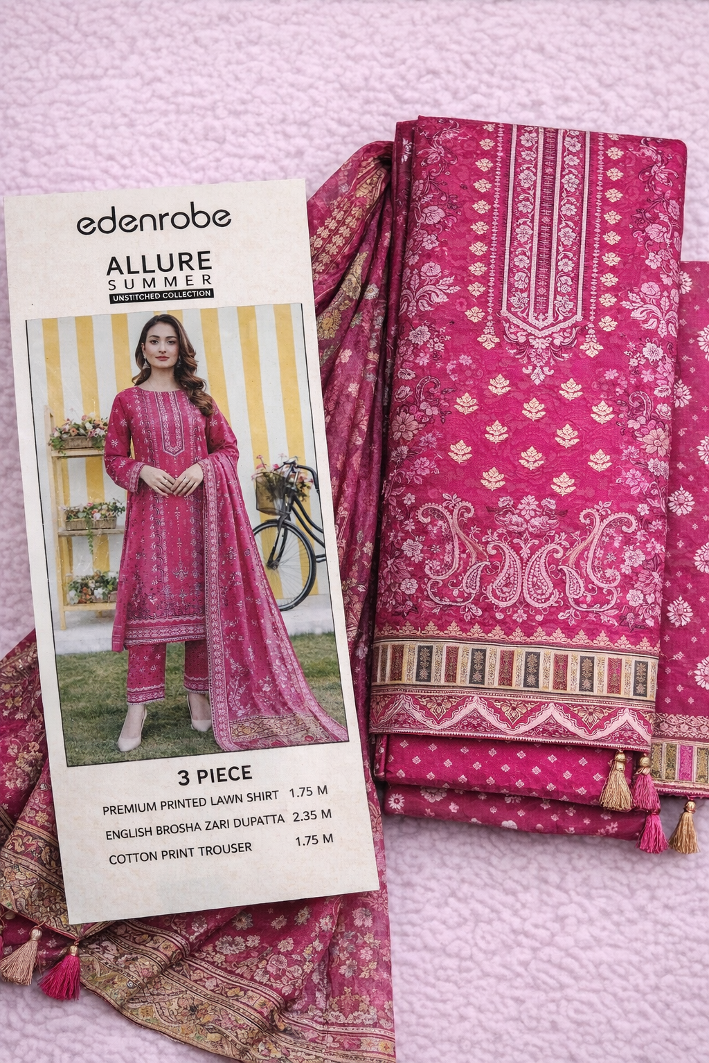 Edenrobe Allure Summer 3PC Unstitched Lawn Suit  (Pink Printed)