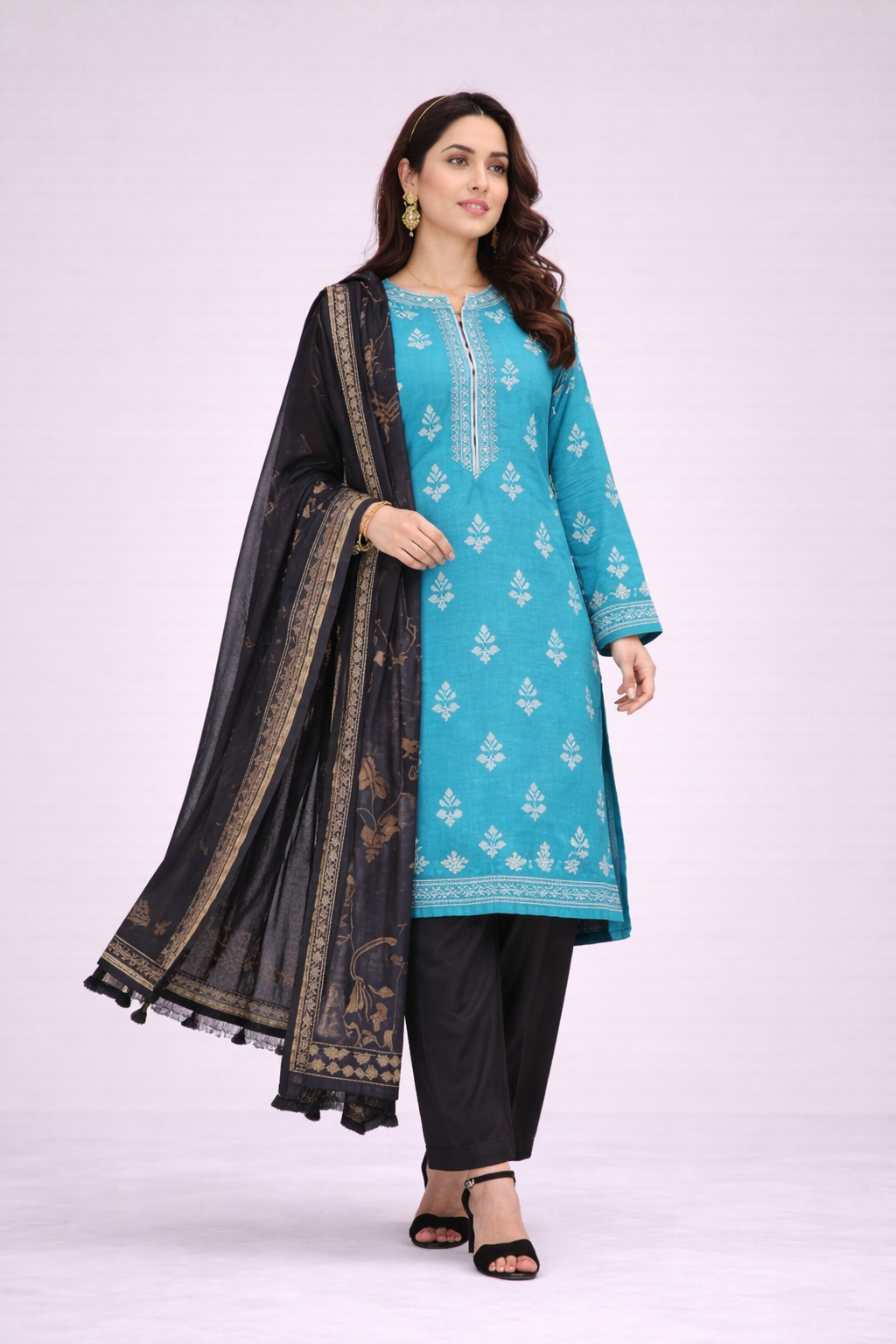 MorJan 3PC Printed Suit with Black Dupatta