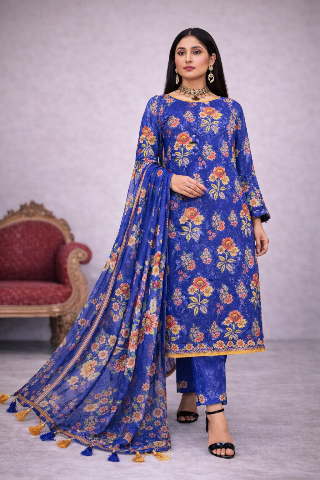 MorJan  Blue Floral 3PC Unstitched Suit