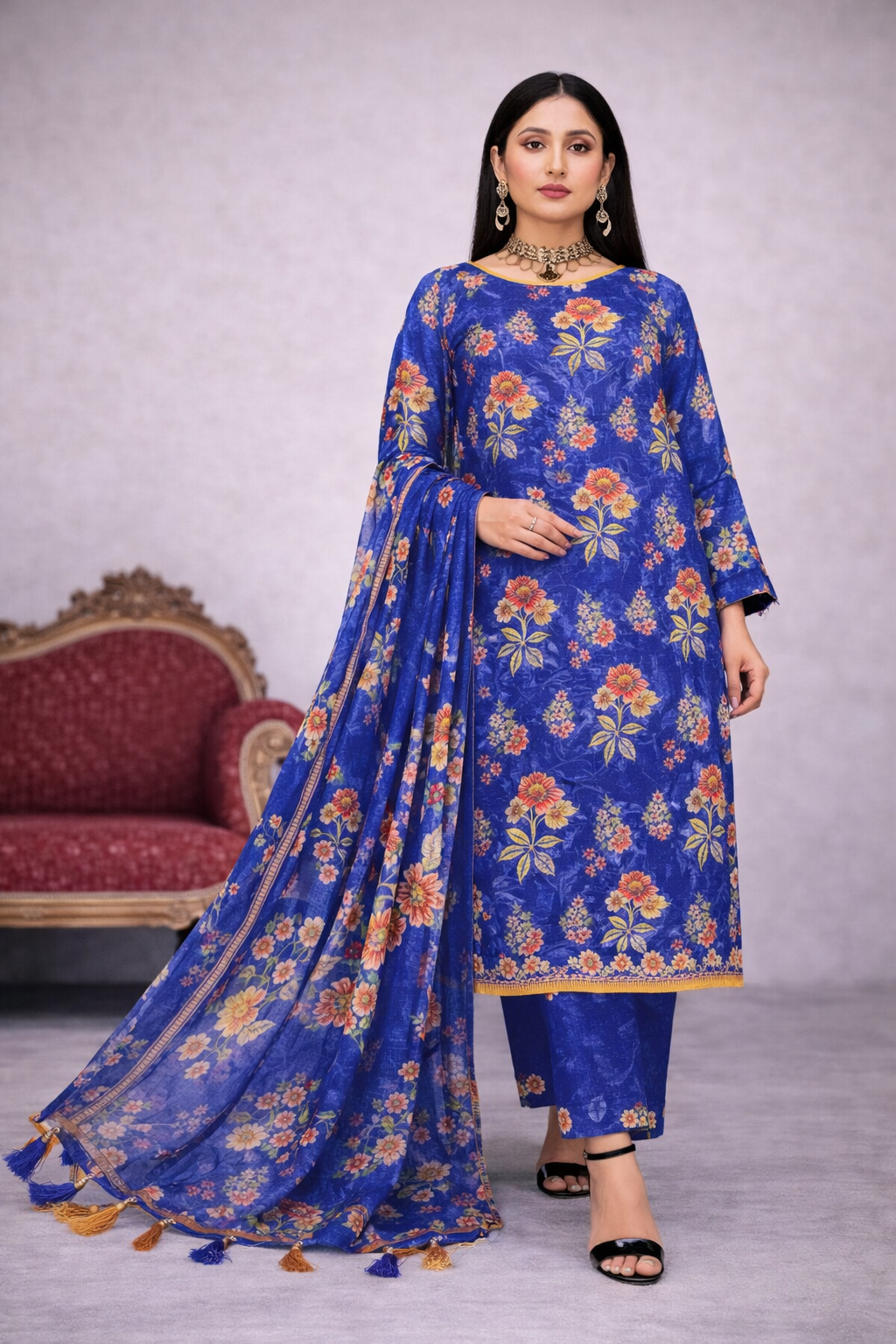 MorJan  Blue Floral 3PC Unstitched Suit
