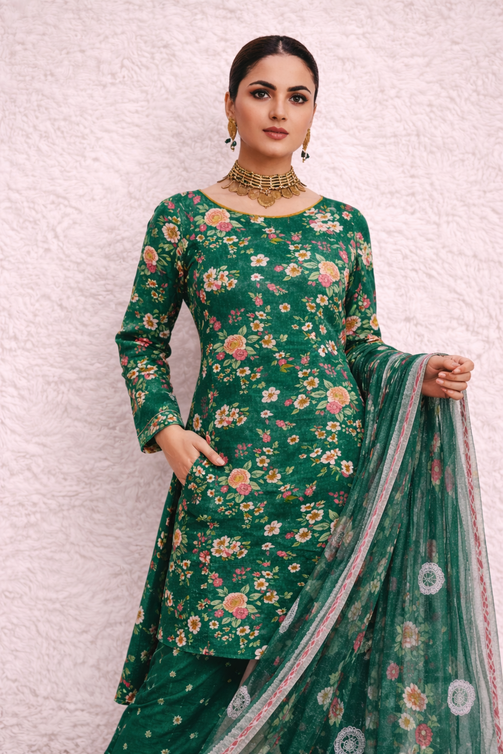 MorJan  Green Floral 3PC Unstitched Suit