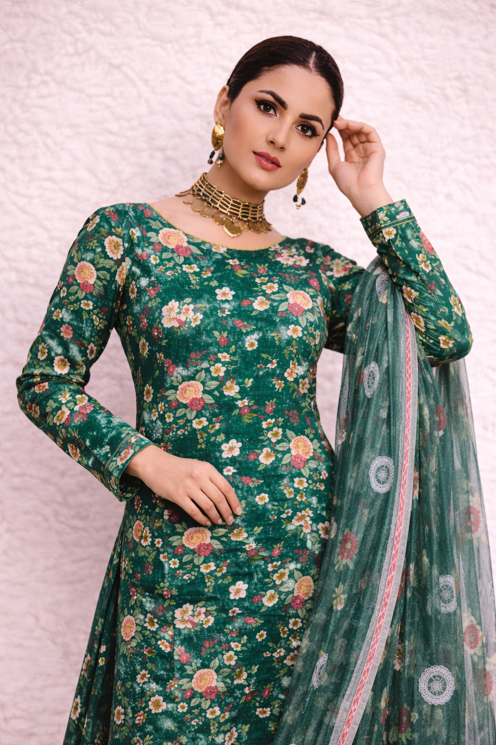 MorJan  Green Floral 3PC Unstitched Suit