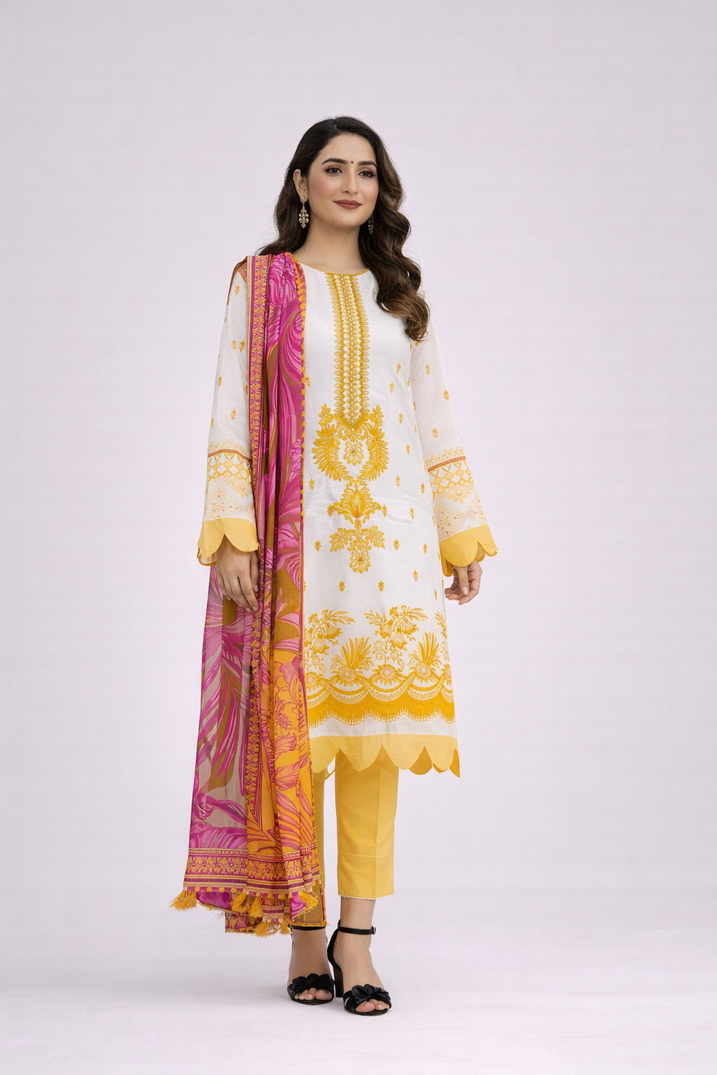 MorJan White & Mustard 3PC Suit with Printed Dupatta