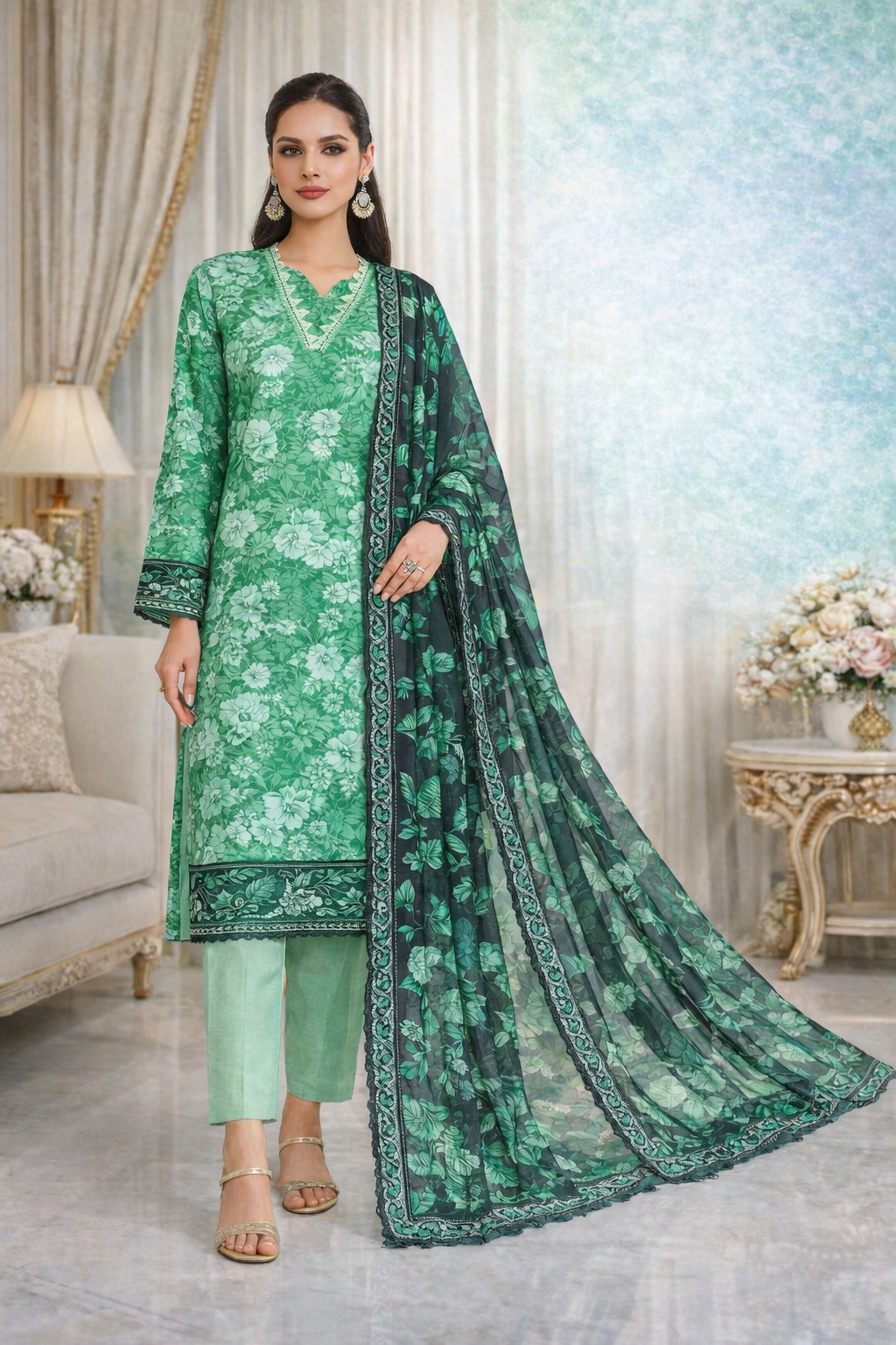 Morjan 3PCS Collection – Green Floral Lawn Suit