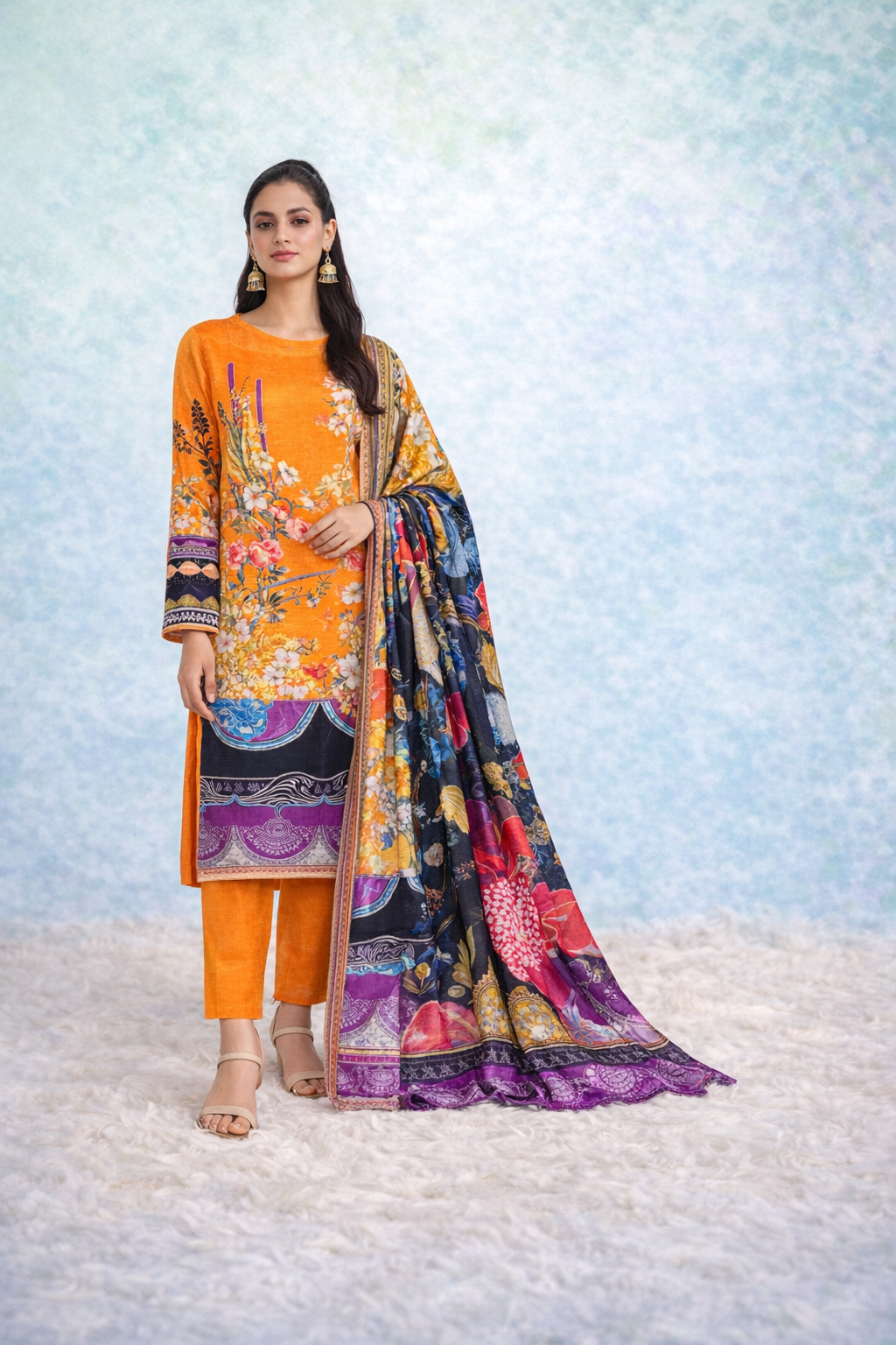 Morjan 3PCS Lawn Suit – Orange Floral Print