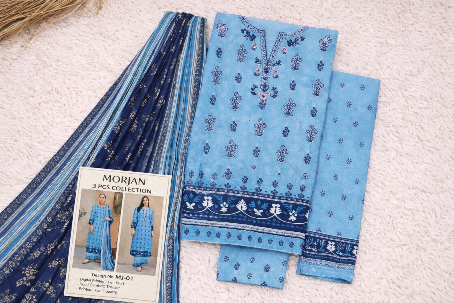 Morjan Sky Blue 3PC Lawn Suit – Floral & Striped Dupatta