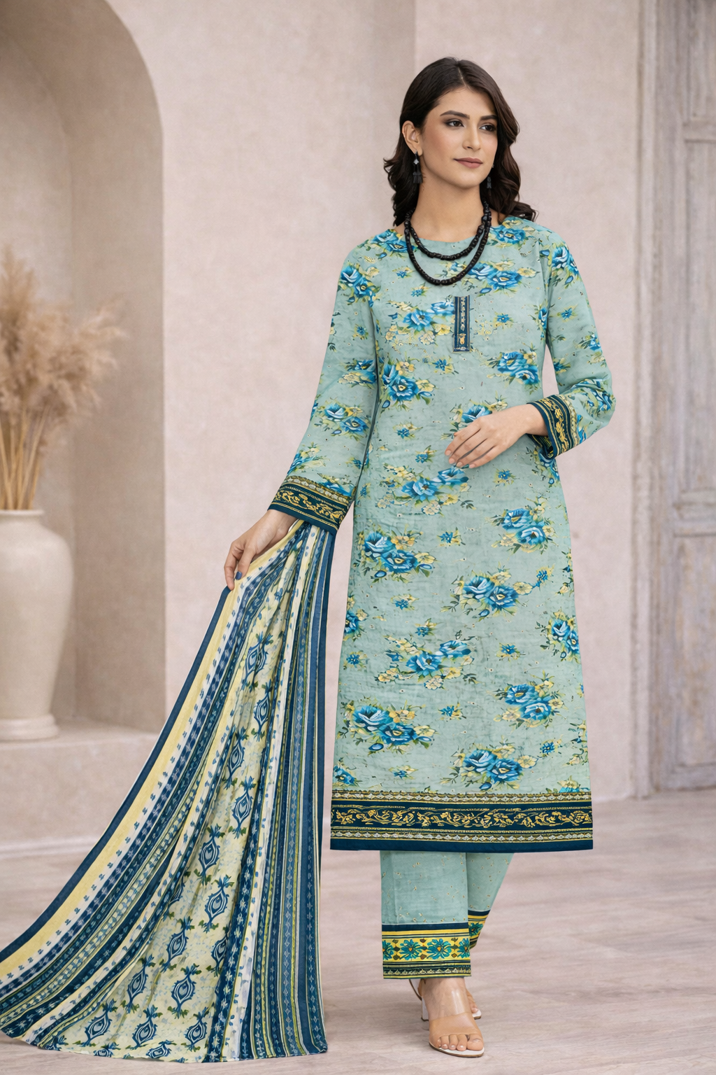 Morjen 3PCS Lawn Suit – Aqua Blue Floral Print