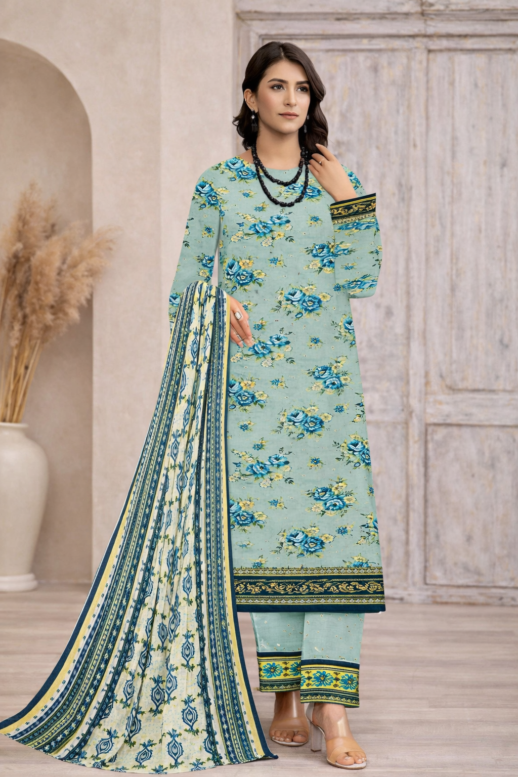 Morjen 3PCS Lawn Suit – Aqua Blue Floral Print