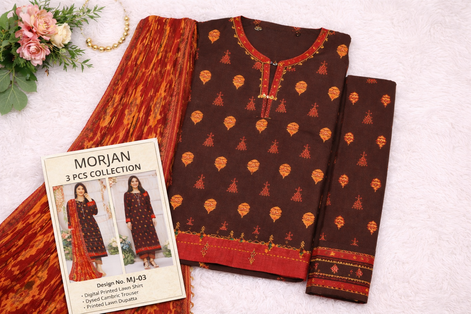 Morjen 3PCS Lawn Suit – Chocolate Brown with Rust Dupatta
