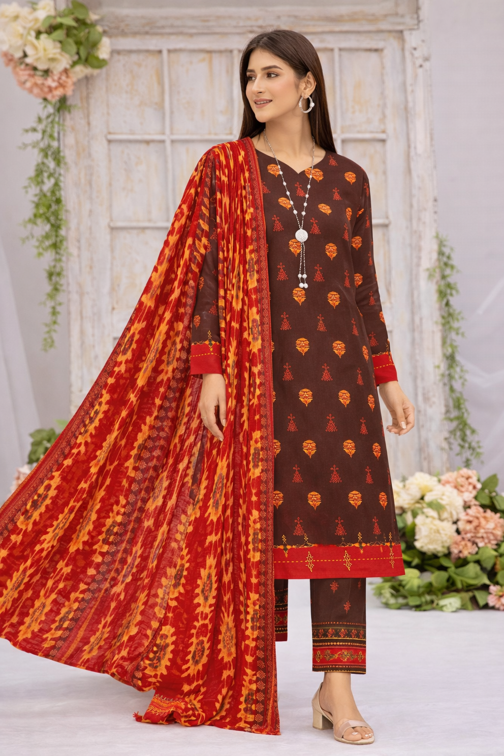 Morjen 3PCS Lawn Suit – Chocolate Brown with Rust Dupatta