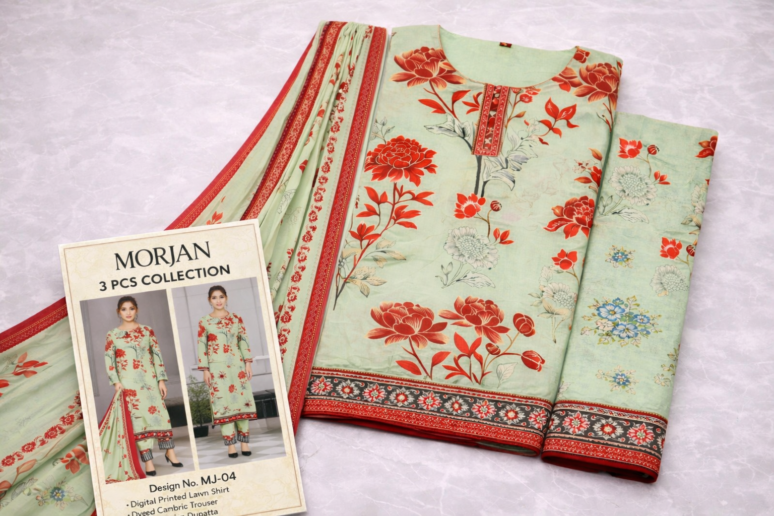 MorJen 3PCS Lawn Suit – Mint Green Floral Print