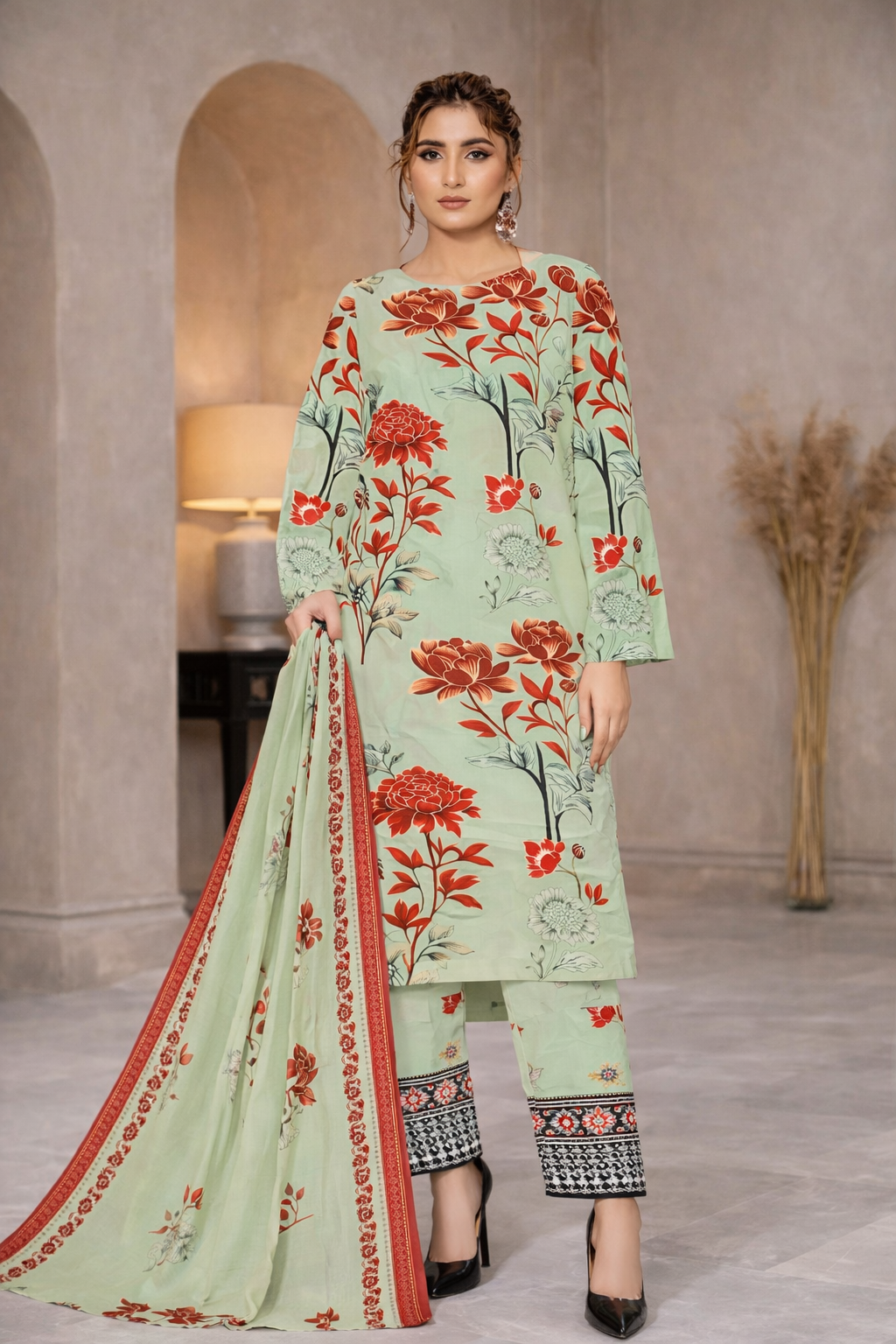 MorJen 3PCS Lawn Suit – Mint Green Floral Print
