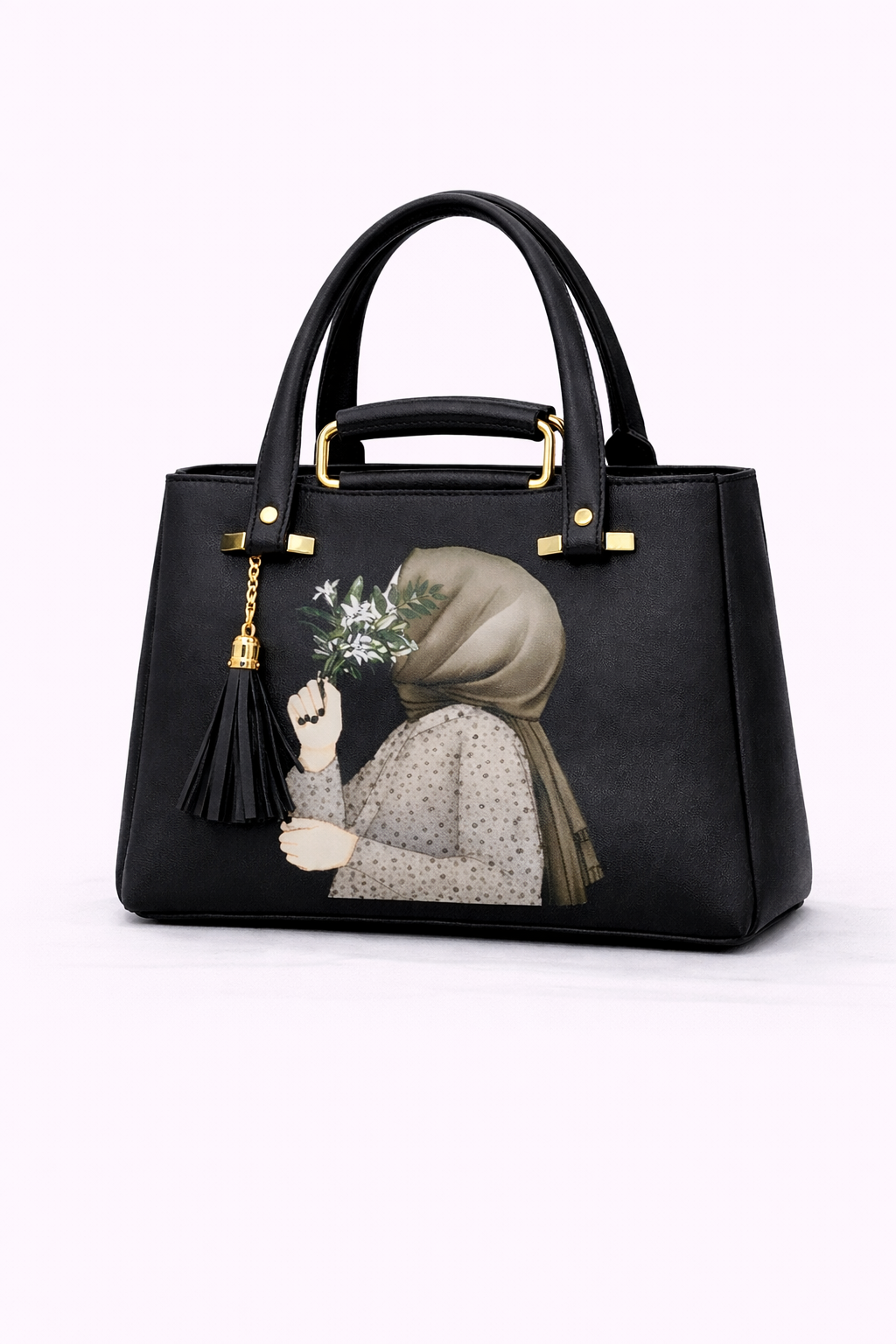 SC Floral Hijab Girl Structured Handbag – Black