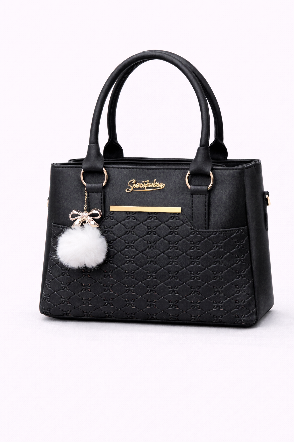 STYLE CARRY Quilted Pom-Pom Tote Bag – Black