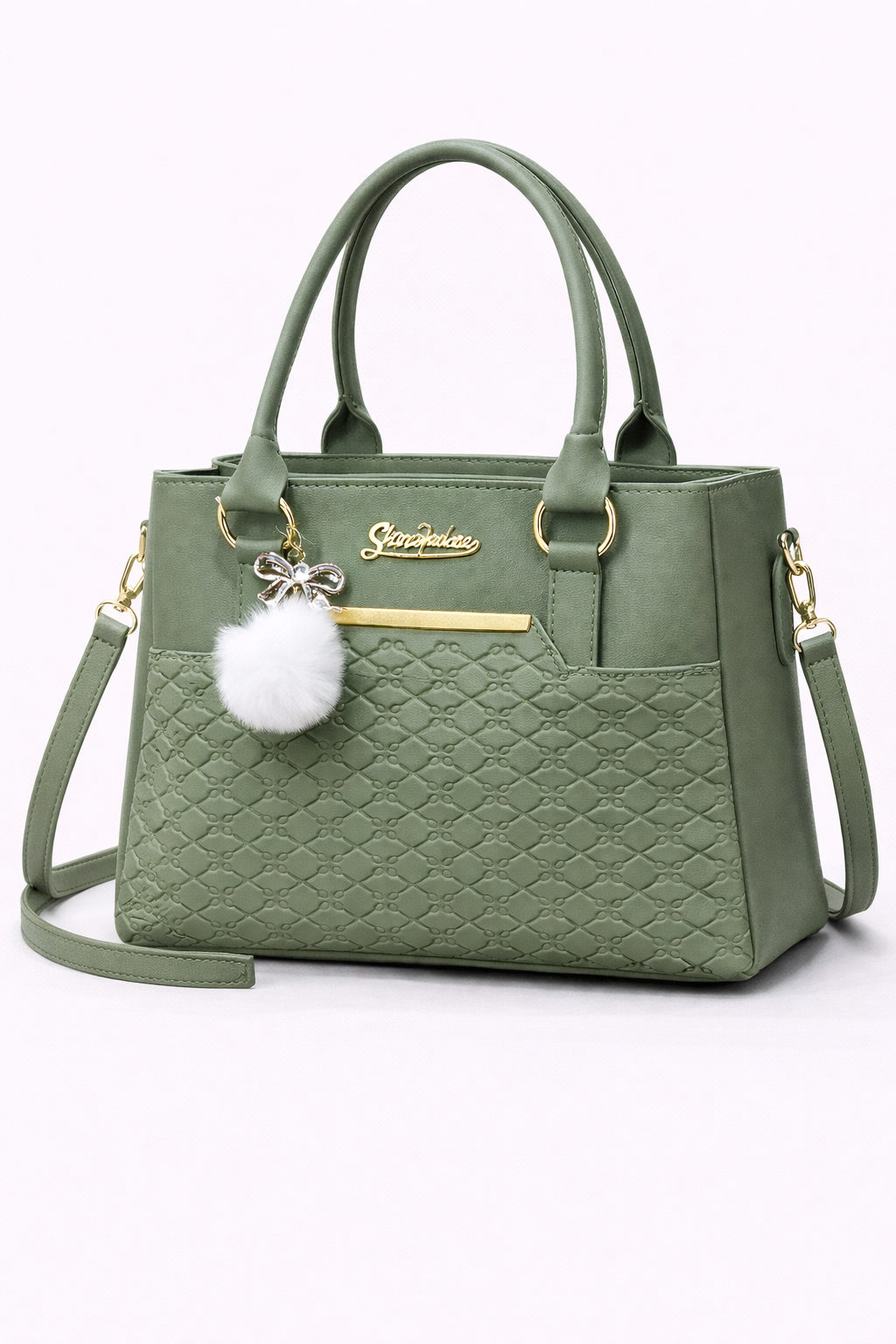 STYLE CARRY Quilted Pom-Pom Tote Bag – Green