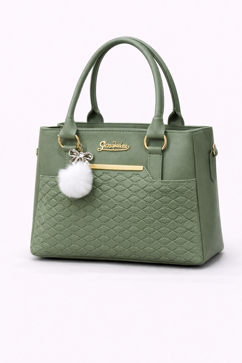 STYLE CARRY Quilted Pom-Pom Tote Bag – Green